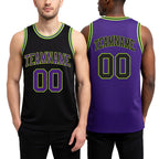 Custom Reversible Black Purple-Neon Green Double Side Sublimation Basketball Set Jersey worn front and back