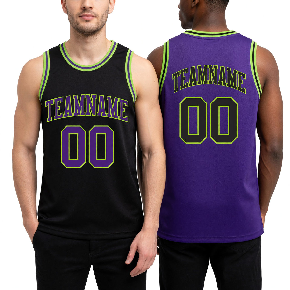 Custom Reversible Black Purple-Neon Green Double Side Sublimation Basketball Set Jersey worn front and back