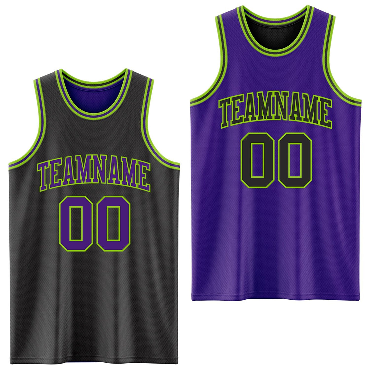 Custom Reversible Black Purple-Neon Green Double Side Sublimation Basketball Set Jersey