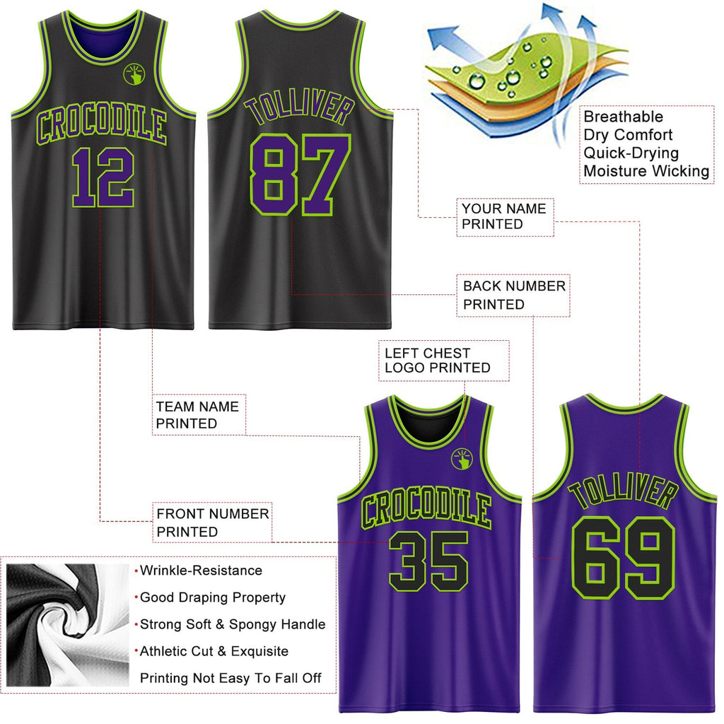 Custom Reversible Black Purple-Neon Green Double Side Sublimation Basketball Set Jersey photo 5