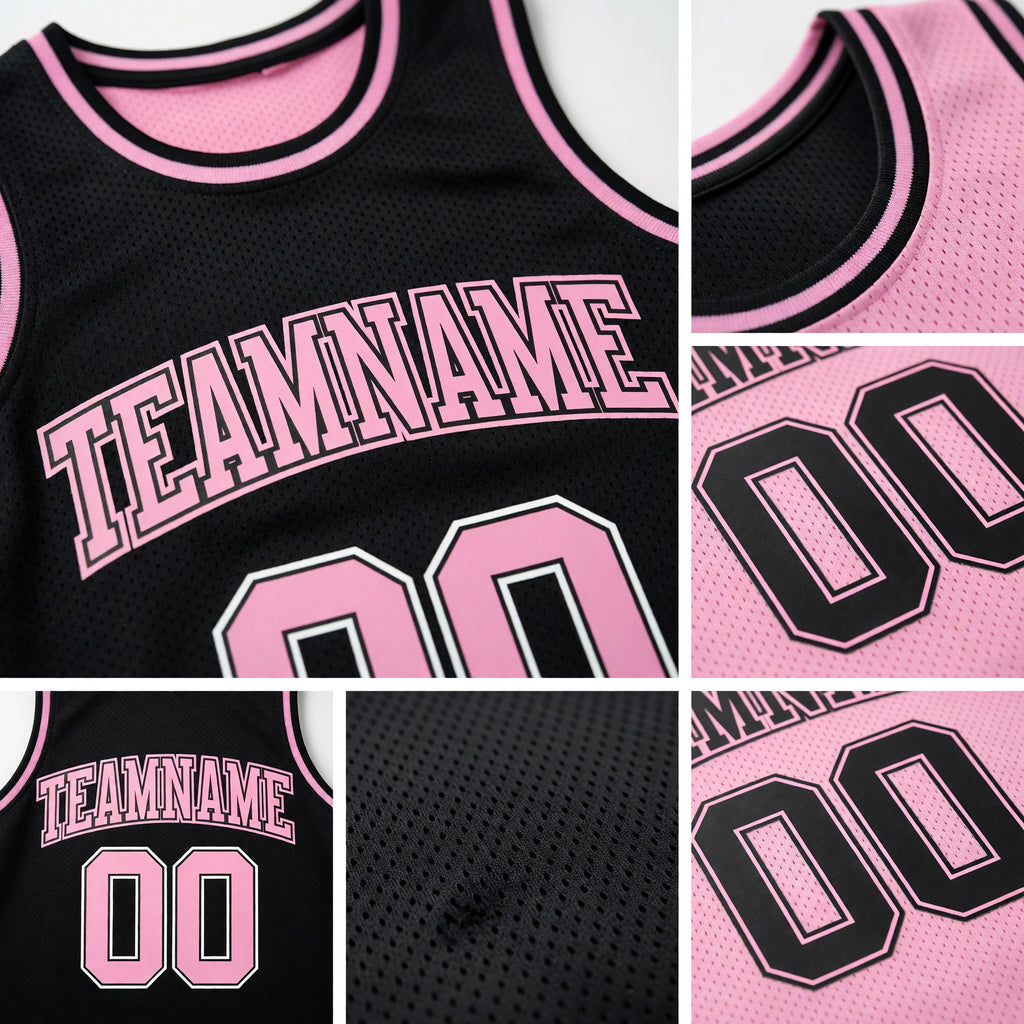 Custom Reversible Black Light Pink Double Side Sublimation Basketball Set Jersey detail