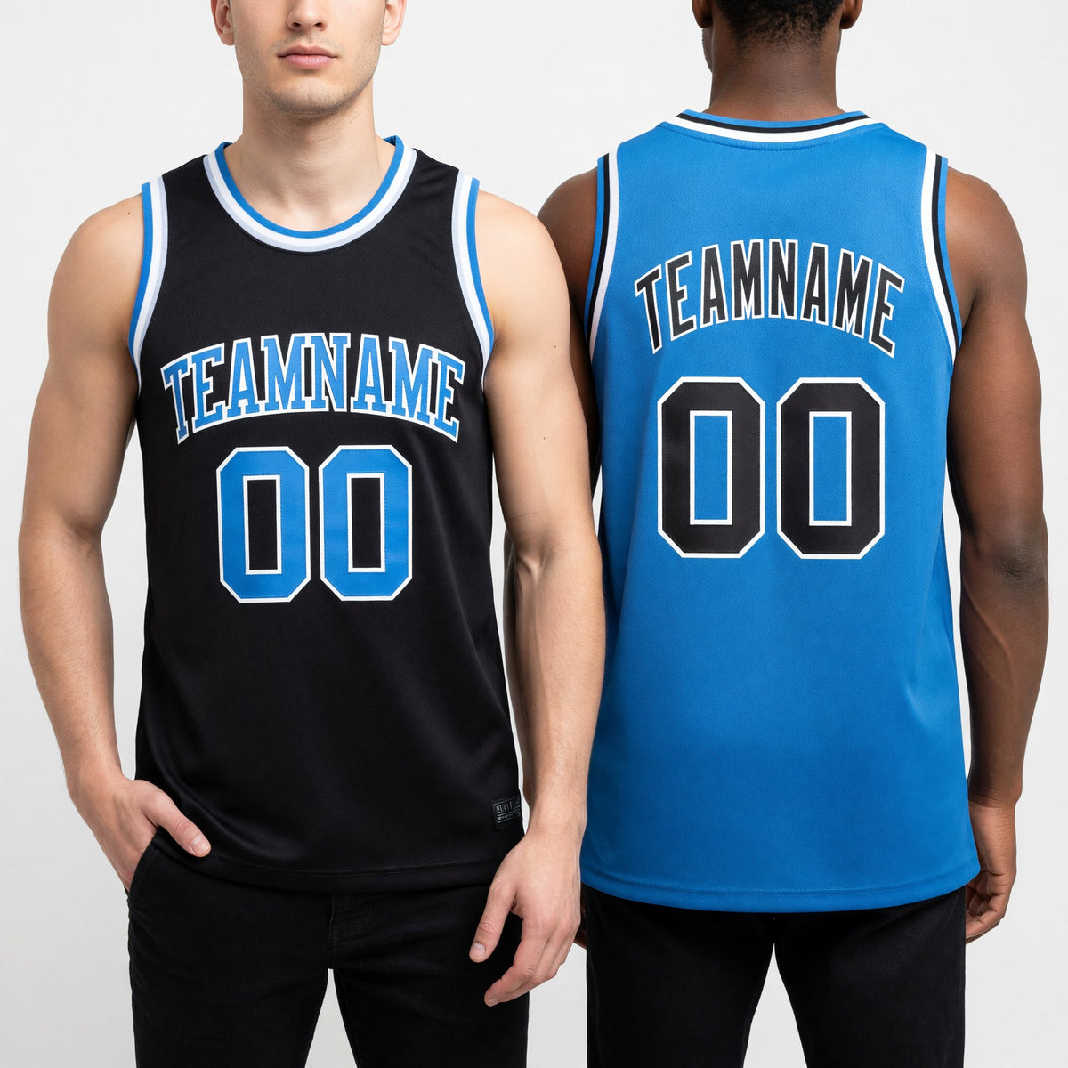 Custom Reversible Black Powder Blue-White Double Side Sublimation Basketball Set Jersey worn front and back