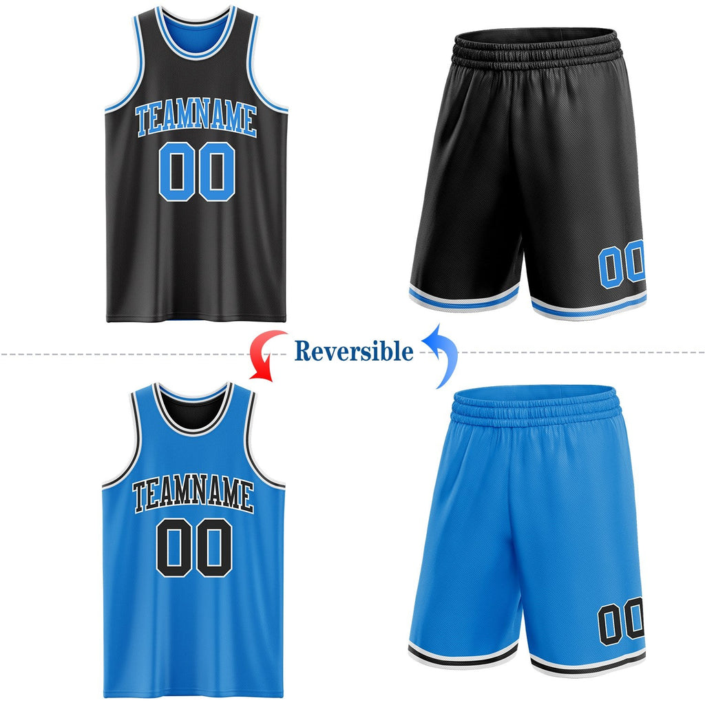 Custom Reversible Black Powder Blue-White Double Side Sublimation Basketball Set Jersey photo 2