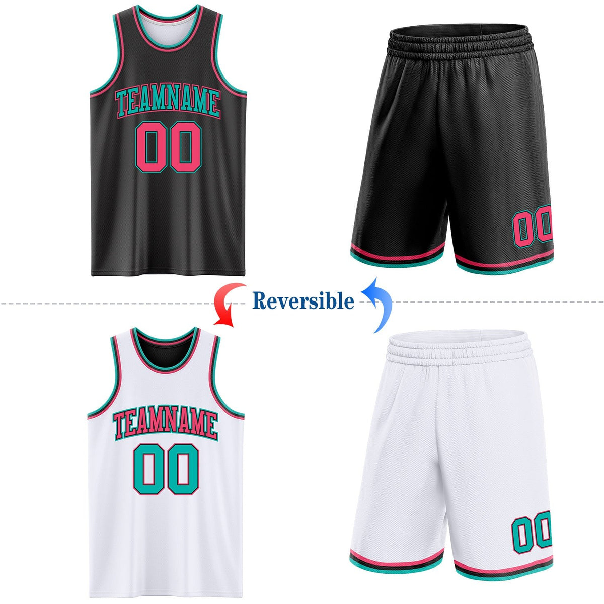 Custom Reversible Black Neon Pink-Aqua Double Side Sublimation Basketball Set Jersey photo 2