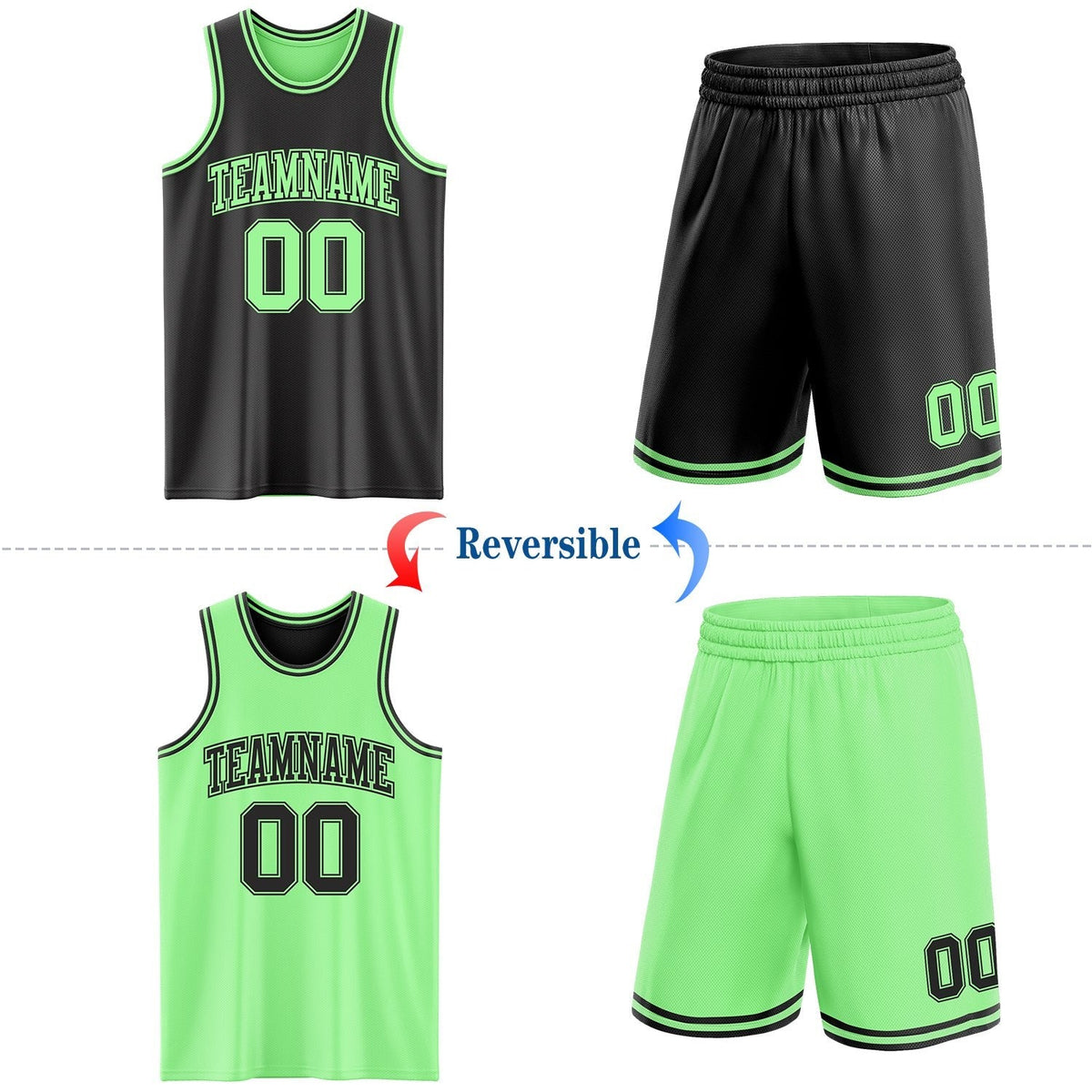 Custom Reversible Black Pea Green Double Side Sublimation Basketball Set Jersey photo 2