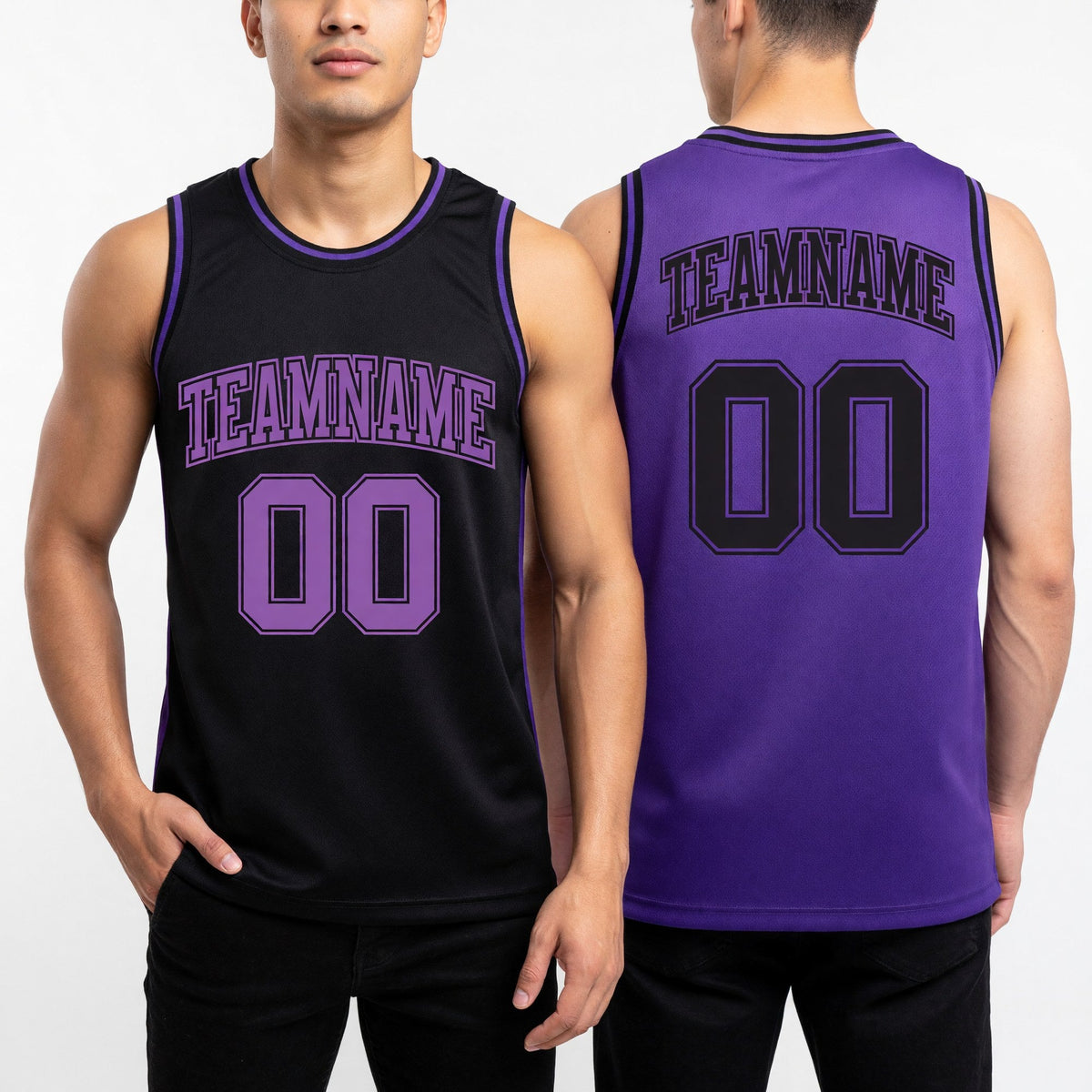 Custom Reversible Black Medium Purple Double Side Sublimation Basketball Set Jersey worn front and back