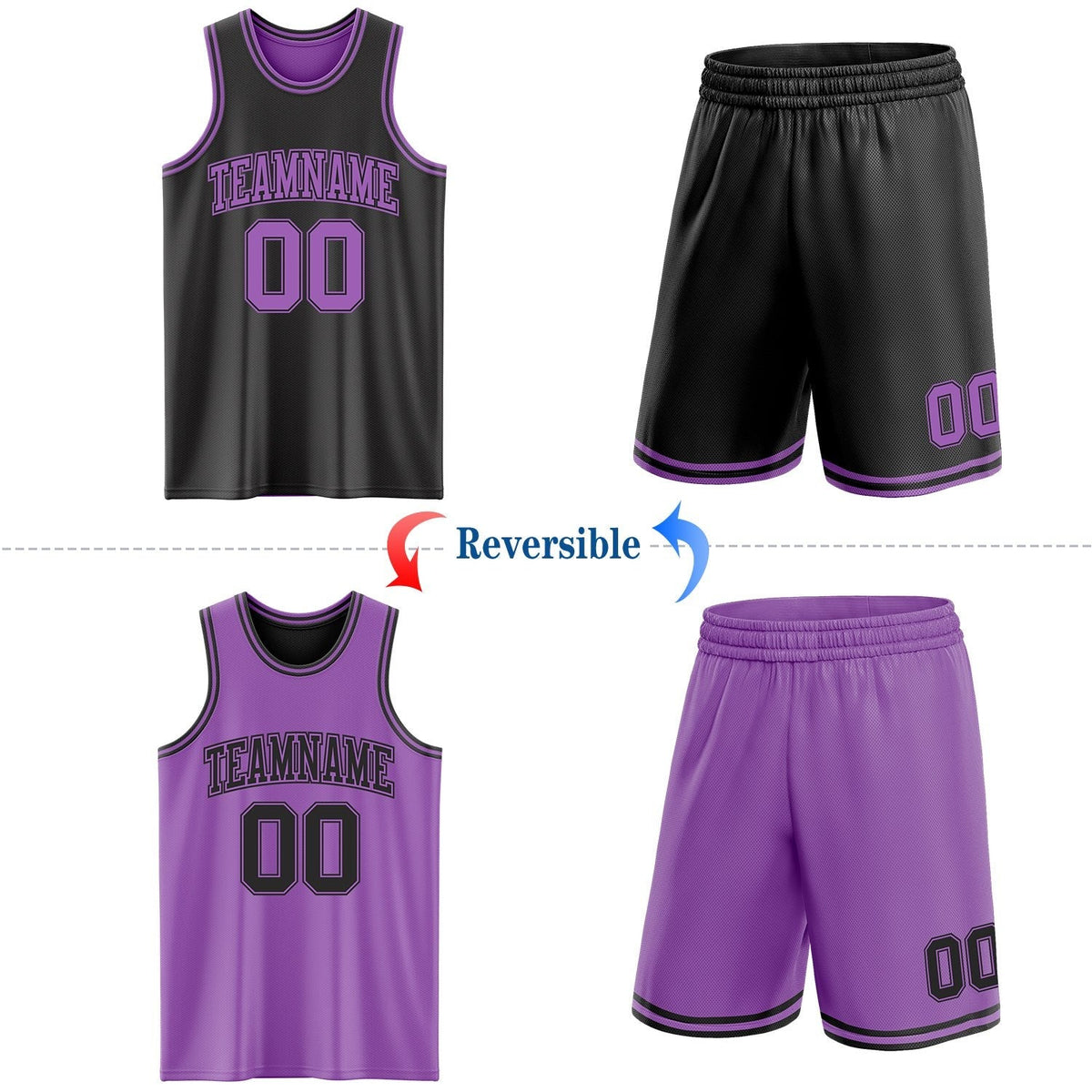 Custom Reversible Black Medium Purple Double Side Sublimation Basketball Set Jersey photo 2