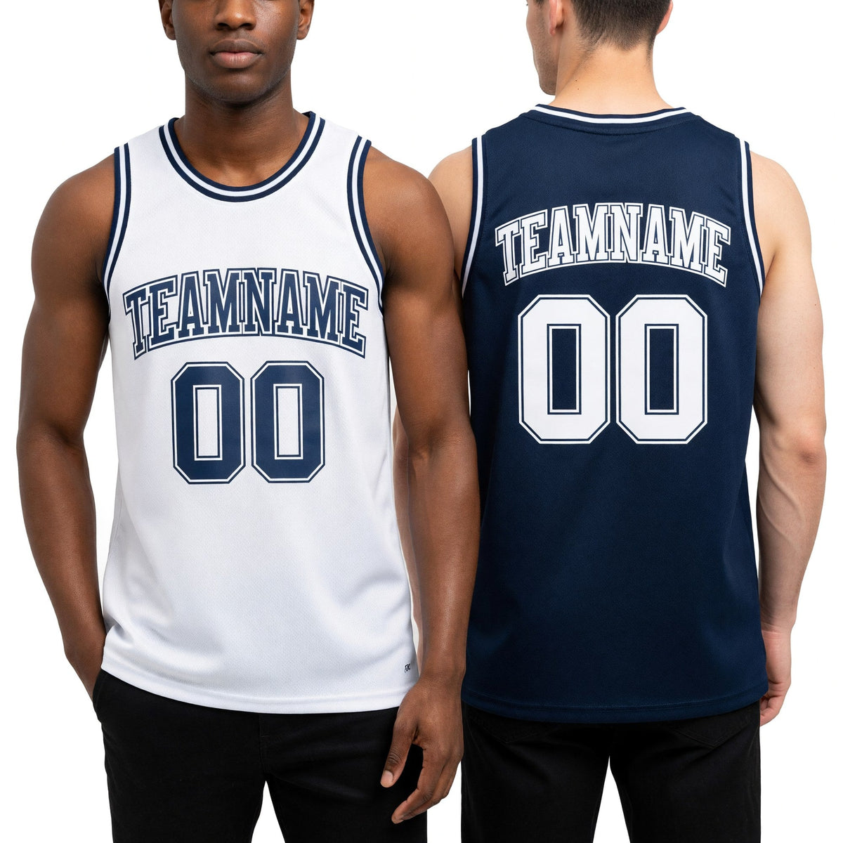 Custom Navy White Reversible Double Side Sublimation Basketball Set Jersey worn front and back