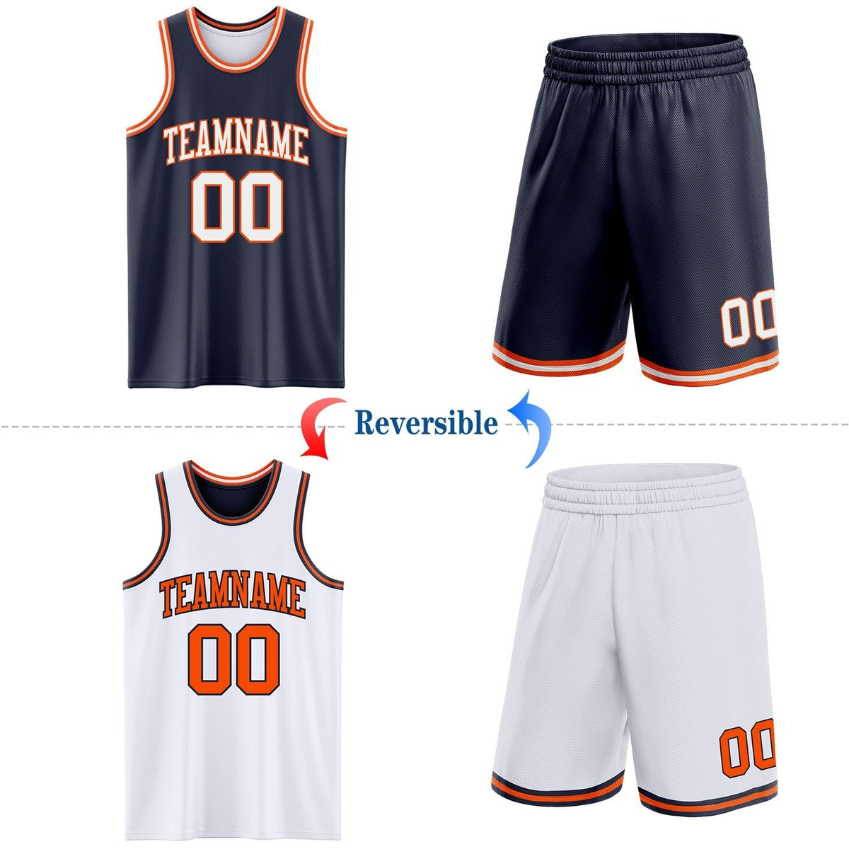 Custom Navy White-Orange Reversible Double Side Sublimation Basketball Set Jersey photo 2