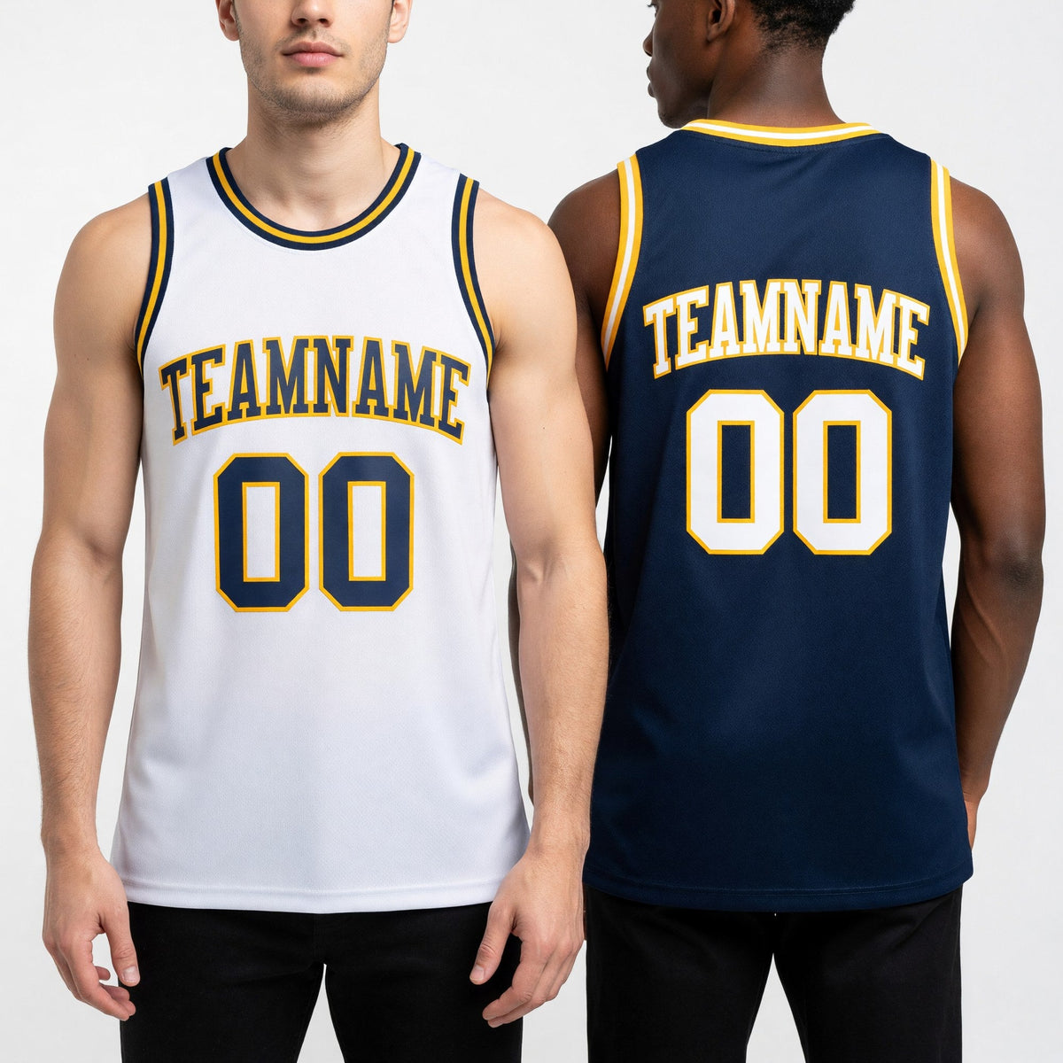 Custom Navy White-Gold Reversible Double Side Sublimation Basketball Set Jersey worn front and back