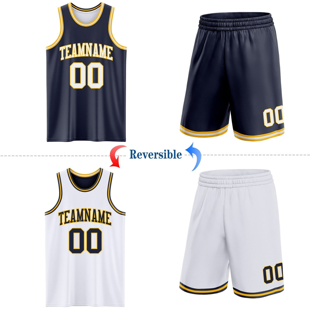 Custom Navy White-Gold Reversible Double Side Sublimation Basketball Set Jersey photo 2