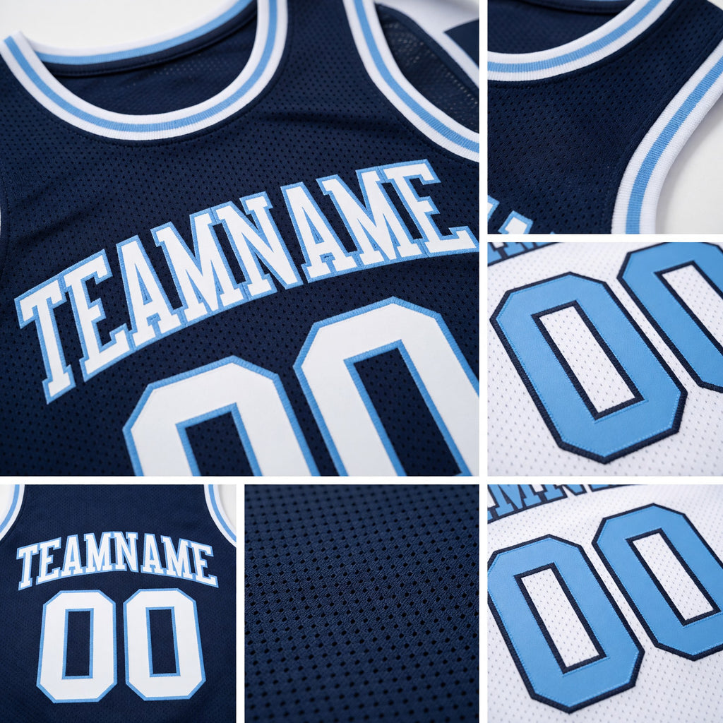 Custom Navy White-Light Blue Reversible Double Side Sublimation Basketball Set Jersey detail