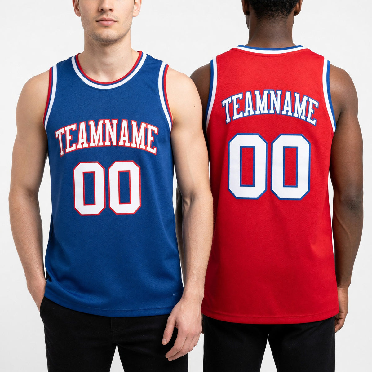 Custom Royal White-Red Reversible Double Side Sublimation Basketball Set Jersey worn front and back