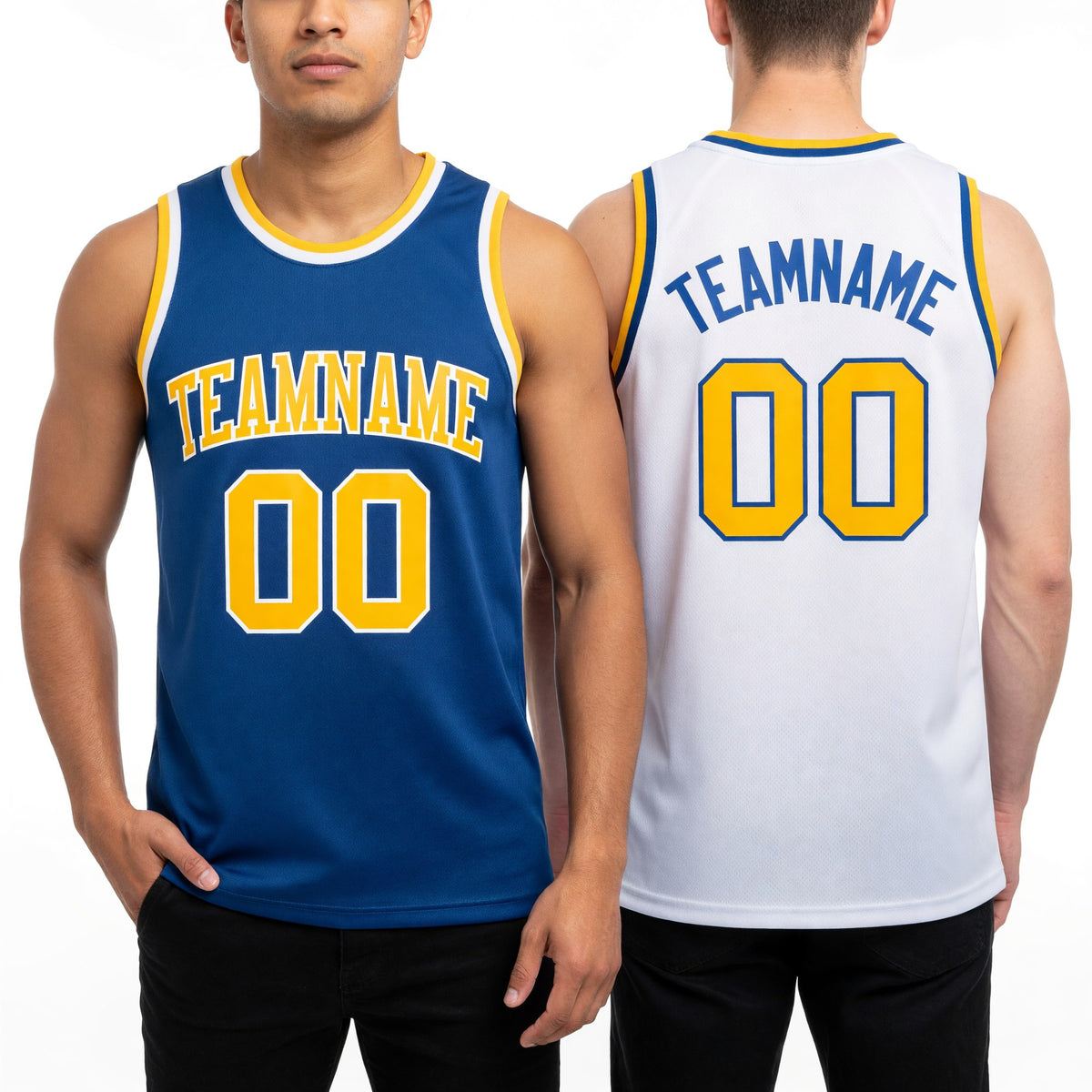 Custom Royal Gold-White Reversible Double Side Sublimation Basketball Set Jersey worn front and back