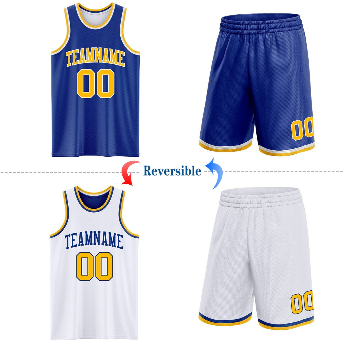 Custom Royal Gold-White Reversible Double Side Sublimation Basketball Set Jersey photo 2