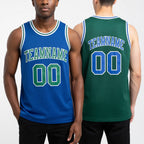 Custom Royal Kelly Green-White Reversible Double Side Sublimation Basketball Set Jersey worn front and back