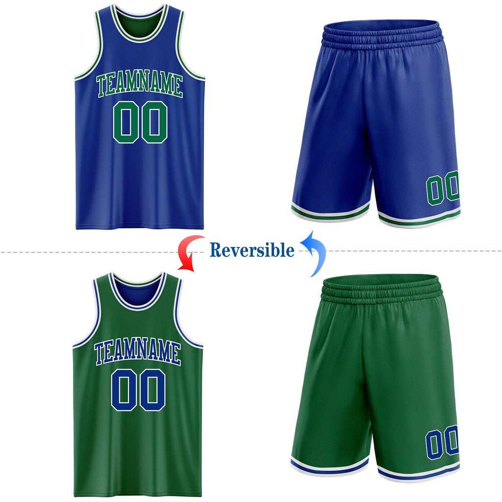 Custom Royal Kelly Green-White Reversible Double Side Sublimation Basketball Set Jersey photo 2