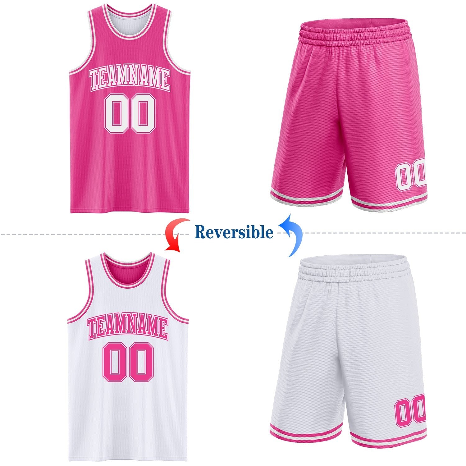 Custom Pink White Reversible Double Side Sublimation Basketball Set Jersey photo 2