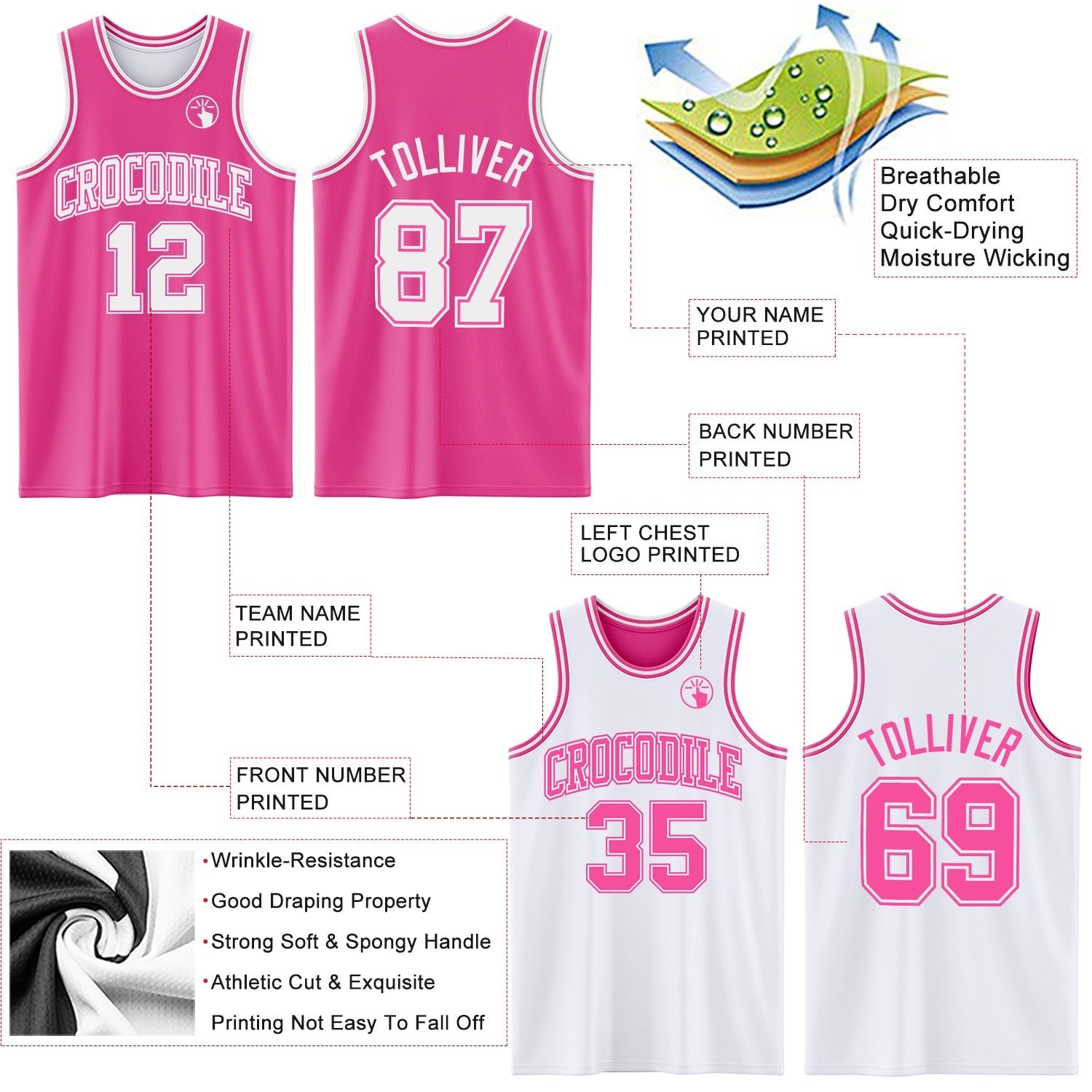 Custom Pink White Reversible Double Side Sublimation Basketball Set Jersey photo 5