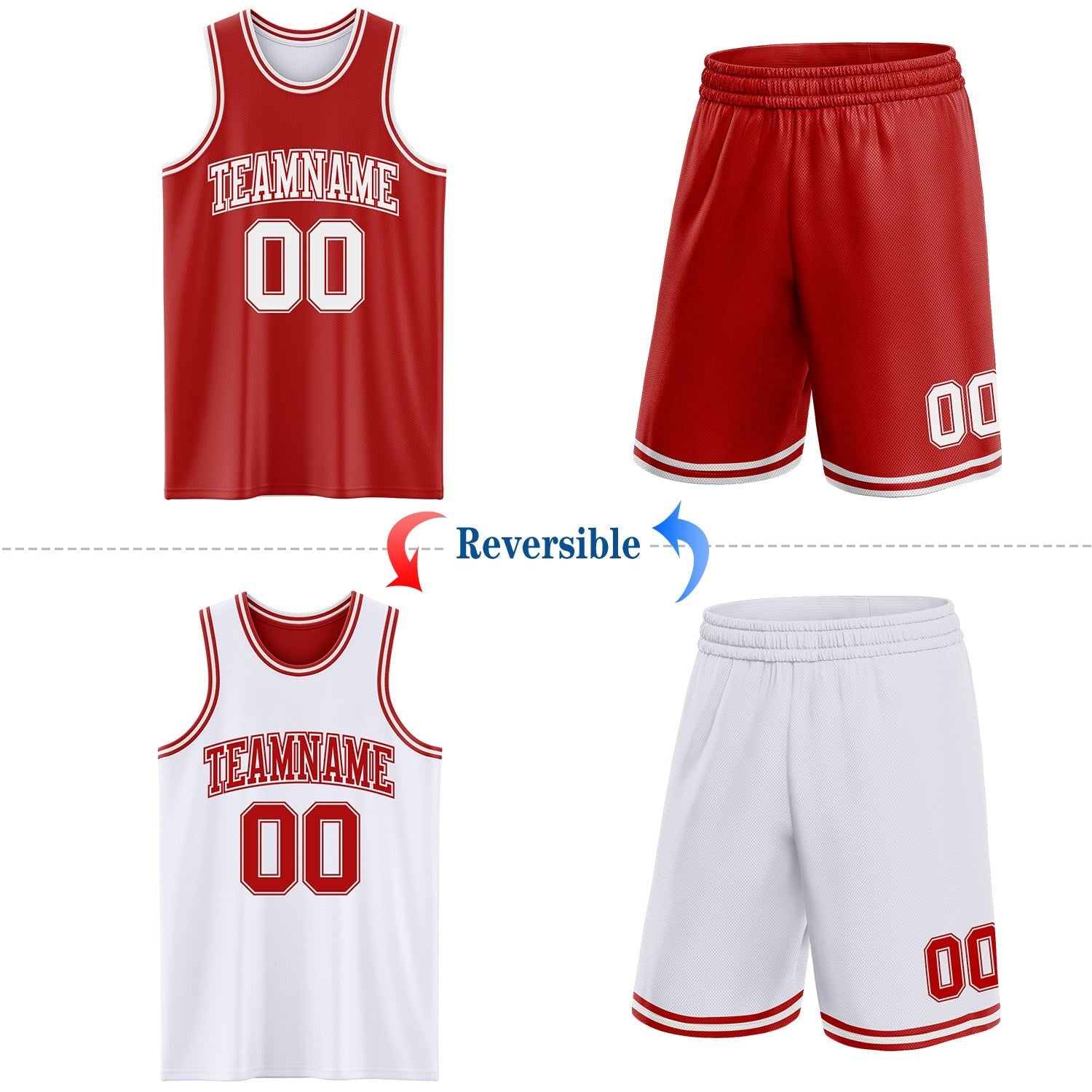 Custom Red White Reversible Double Side Sublimation Basketball Set Jersey photo 2