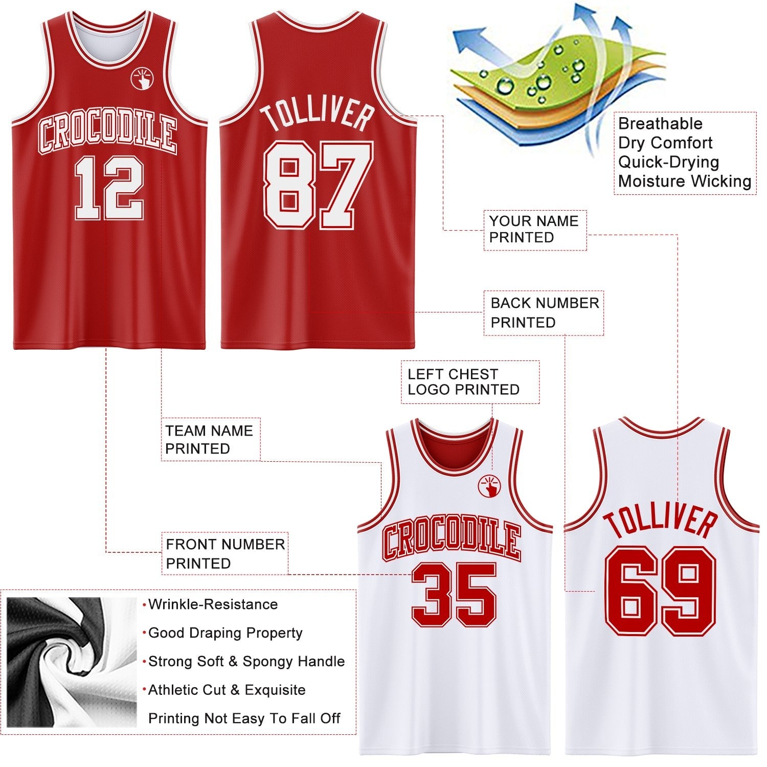Custom Red White Reversible Double Side Sublimation Basketball Set Jersey photo 5