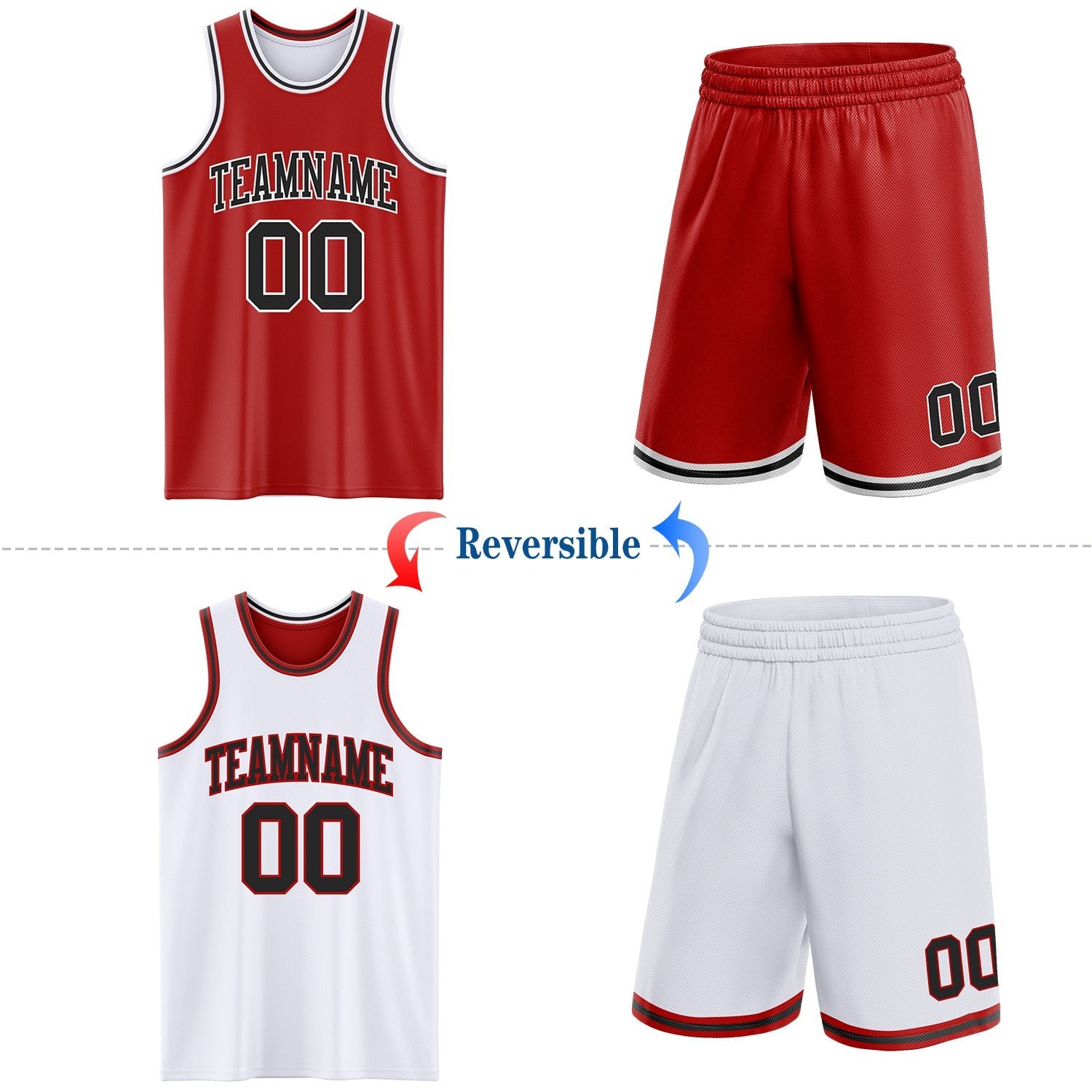 Custom Red Black-White Reversible Double Side Sublimation Basketball Set Jersey photo 2