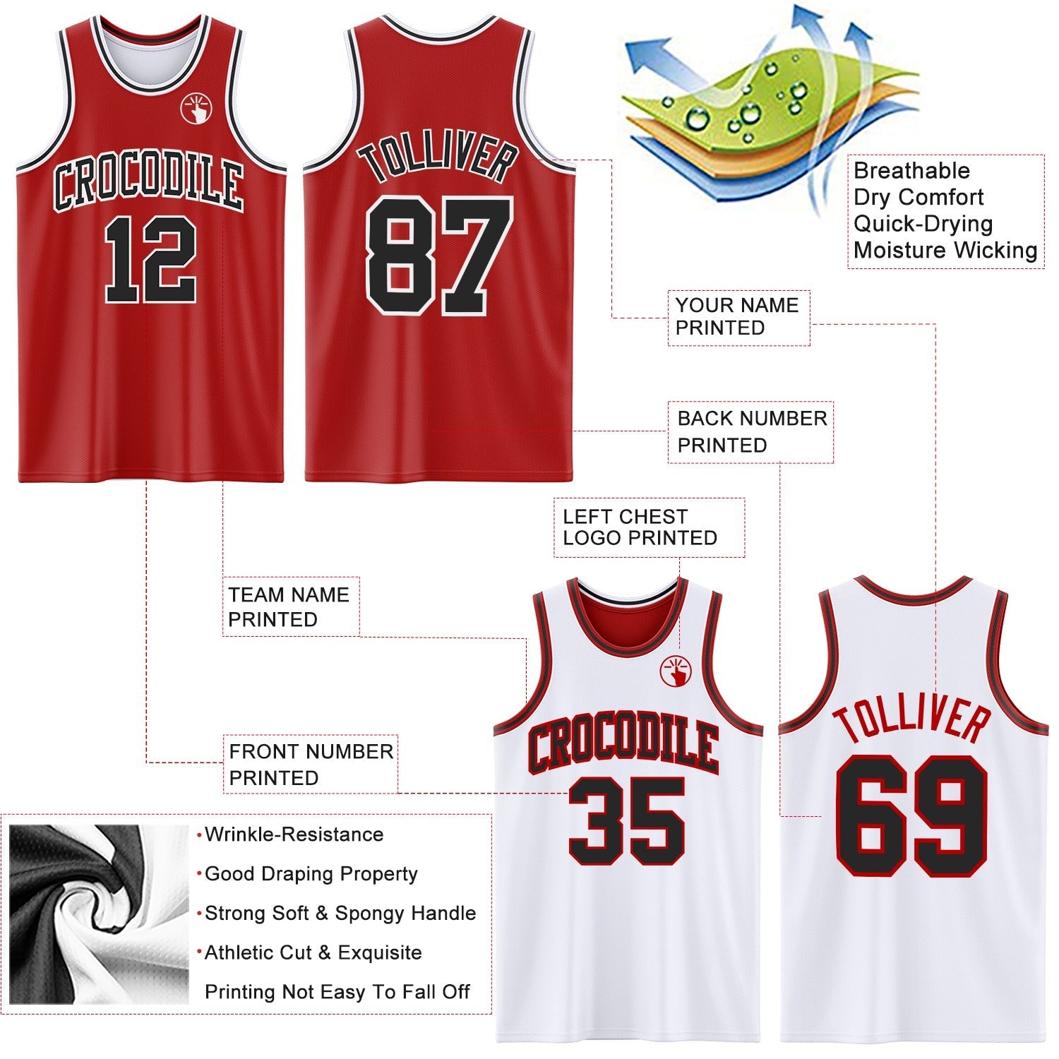 Custom Red Black-White Reversible Double Side Sublimation Basketball Set Jersey photo 5