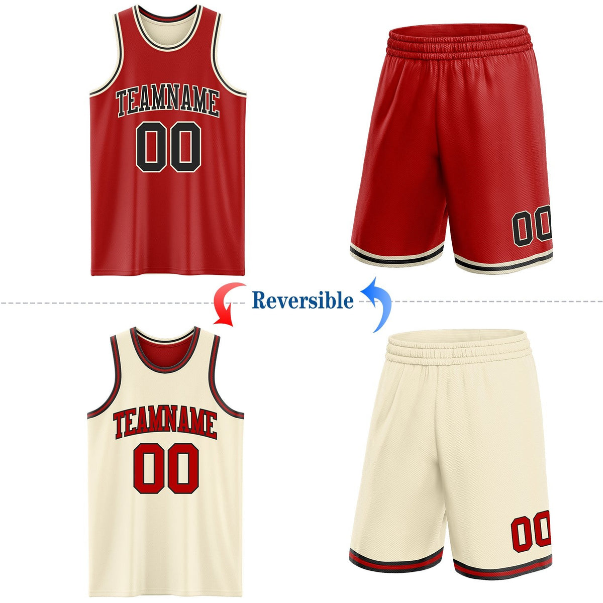 Custom Red Black-Cream Reversible Double Side Sublimation Basketball Set Jersey photo 2