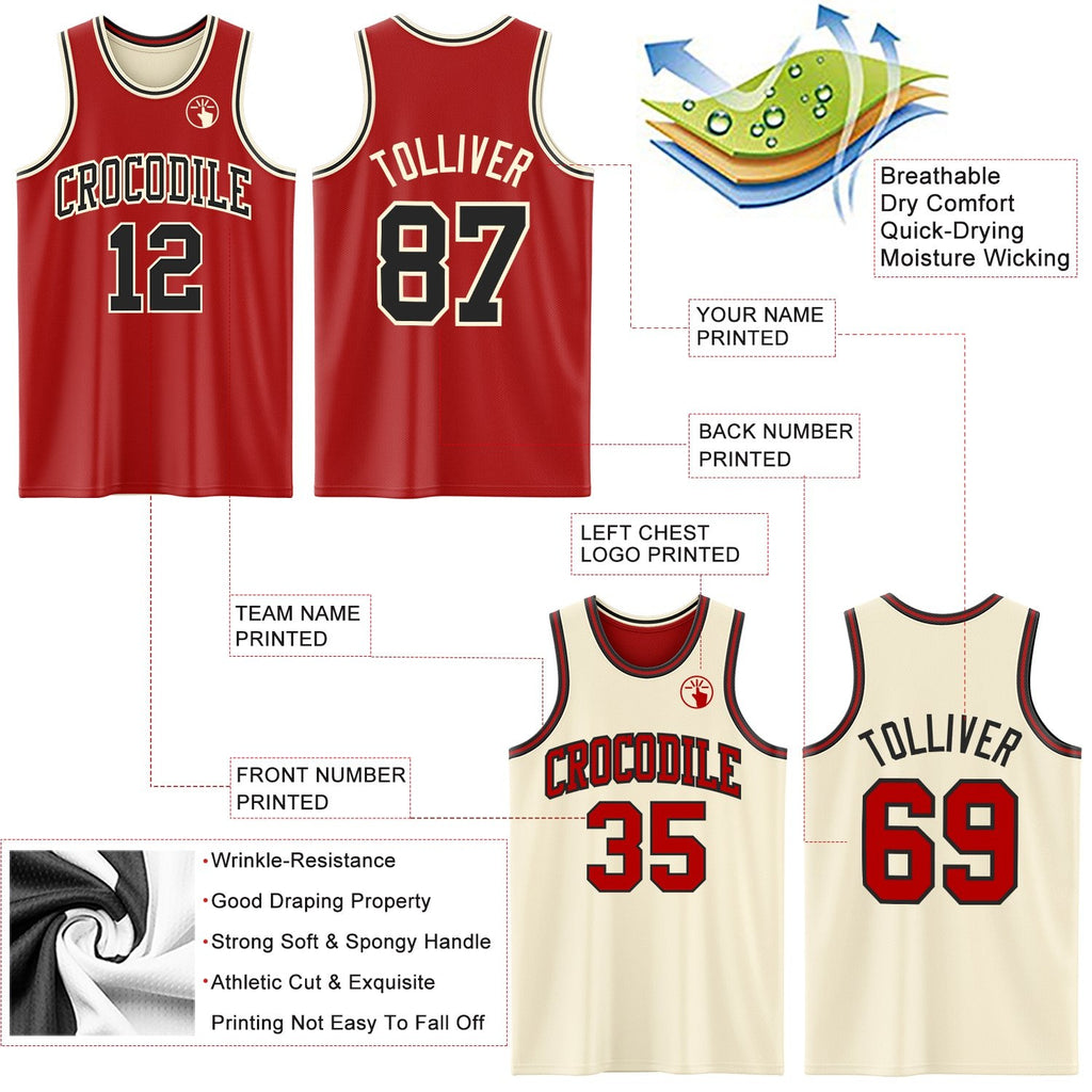 Custom Red Black-Cream Reversible Double Side Sublimation Basketball Set Jersey photo 5