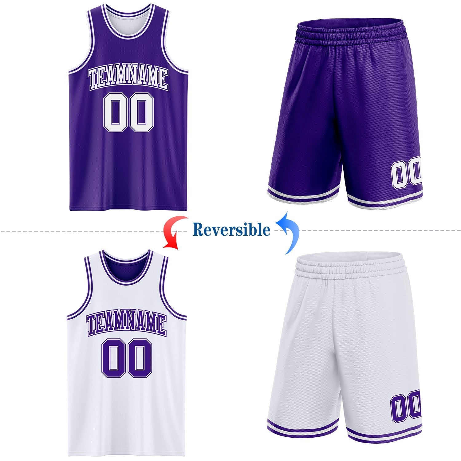 Custom Purple White Reversible Double Side Sublimation Basketball Set Jersey photo 2