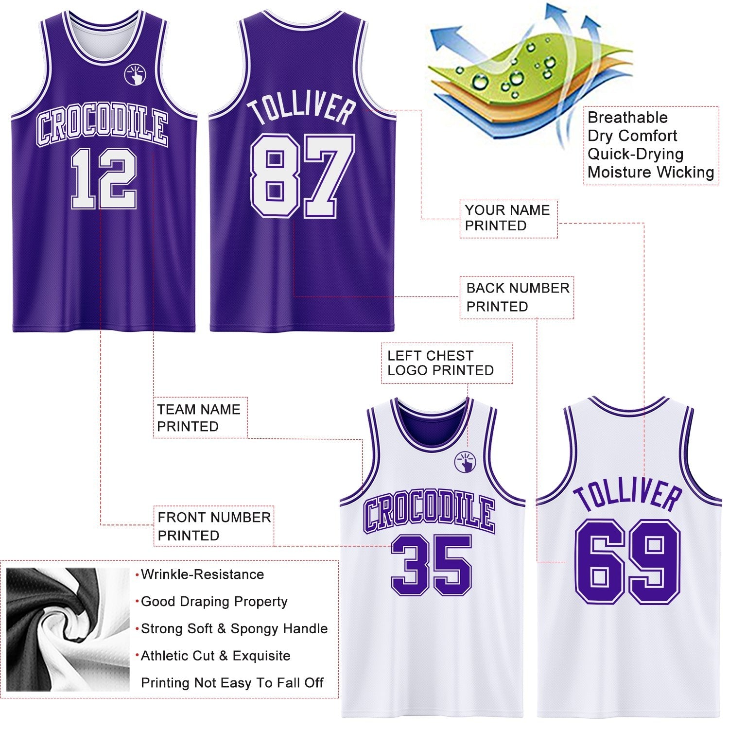 Custom Purple White Reversible Double Side Sublimation Basketball Set Jersey photo 5