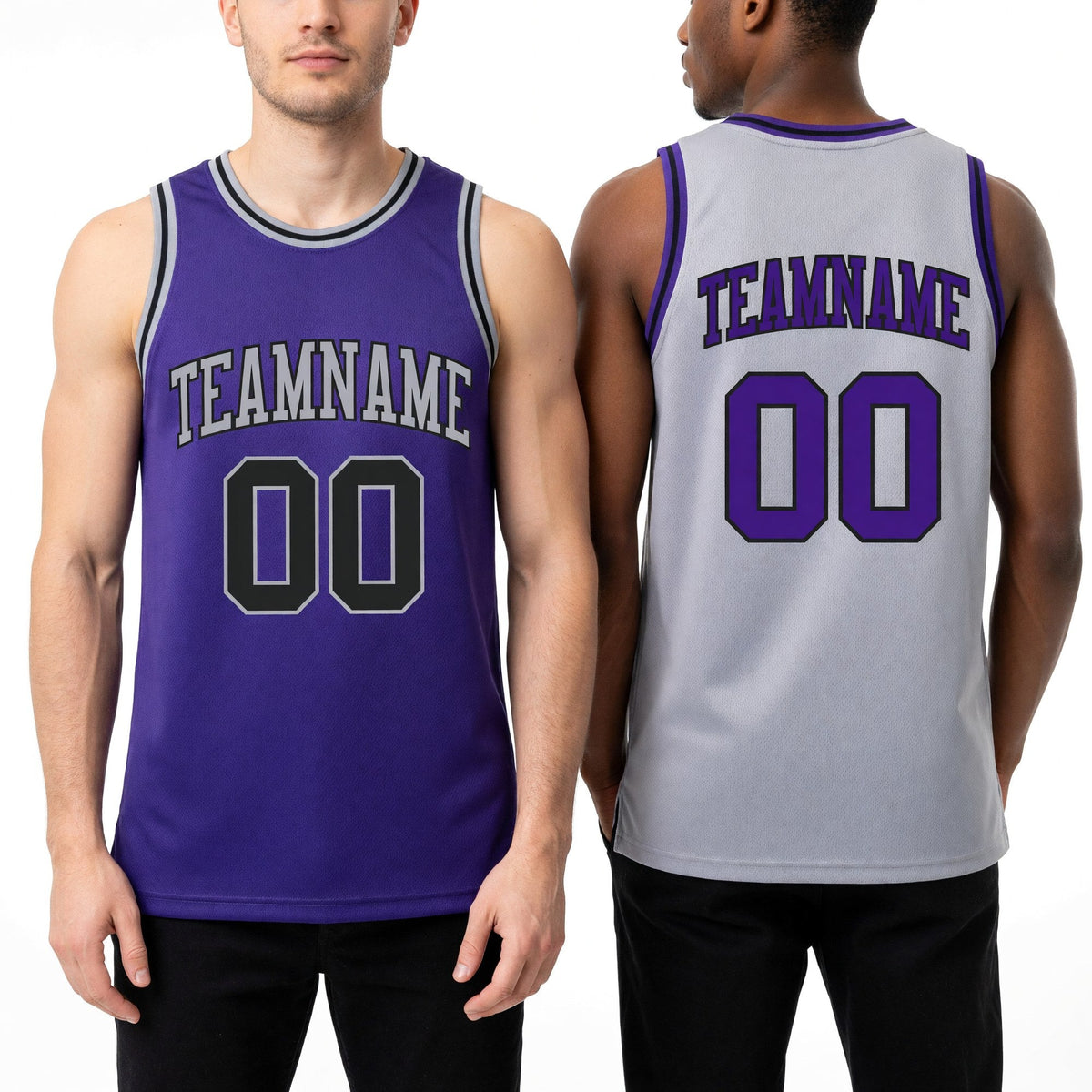 Custom Purple Black-Gray Reversible Double Side Sublimation Basketball Set Jersey worn front and back