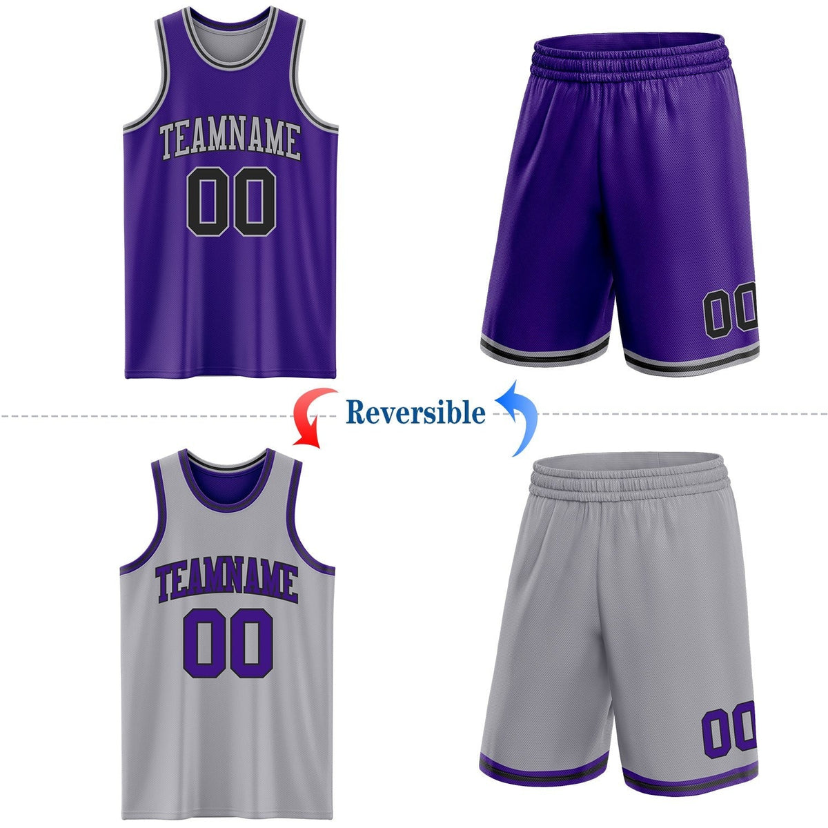 Custom Purple Black-Gray Reversible Double Side Sublimation Basketball Set Jersey photo 2