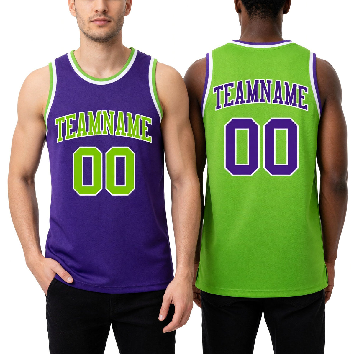 Custom Purple Neon Green-White Reversible Double Side Sublimation Basketball Set Jersey worn front and back
