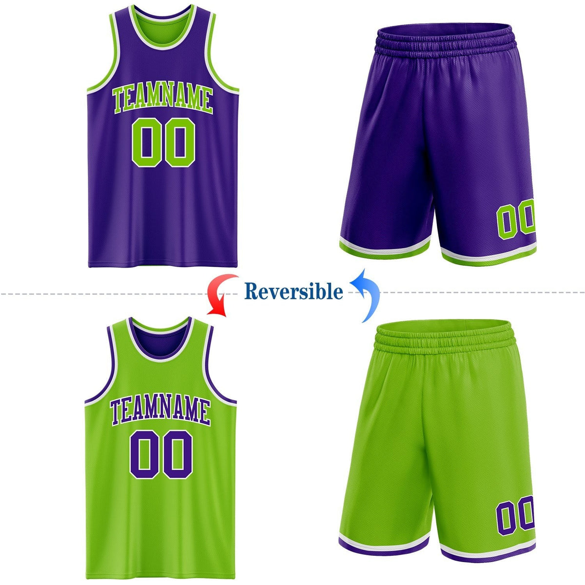 Custom Purple Neon Green-White Reversible Double Side Sublimation Basketball Set Jersey photo 2