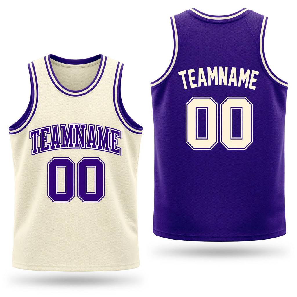 Custom Reversible Purple Cream Double Side Sublimation Basketball Set Jersey