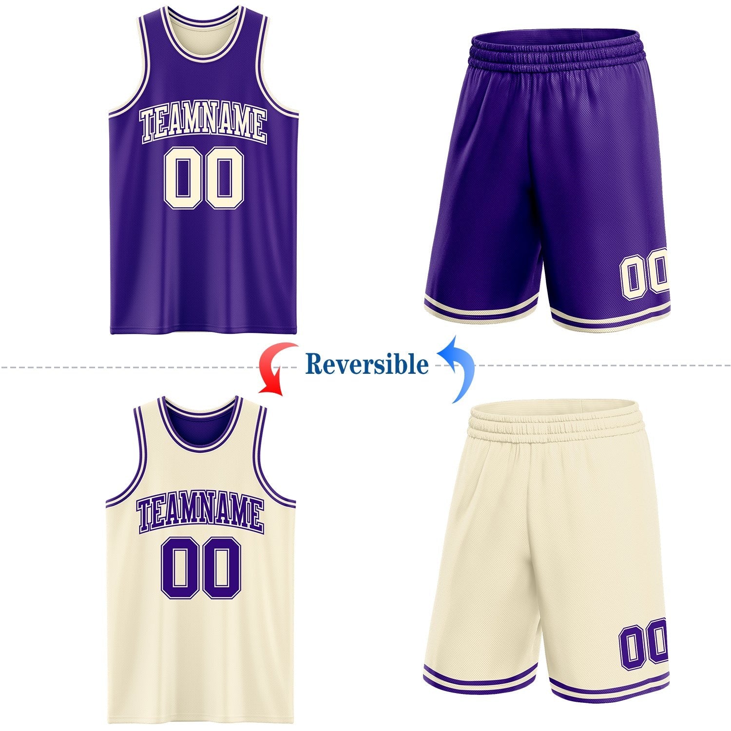 Custom Reversible Purple Cream Double Side Sublimation Basketball Set Jersey photo 2