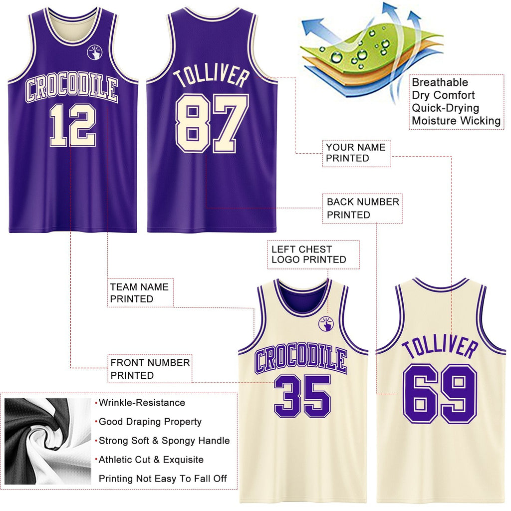 Custom Reversible Purple Cream Double Side Sublimation Basketball Set Jersey photo 5
