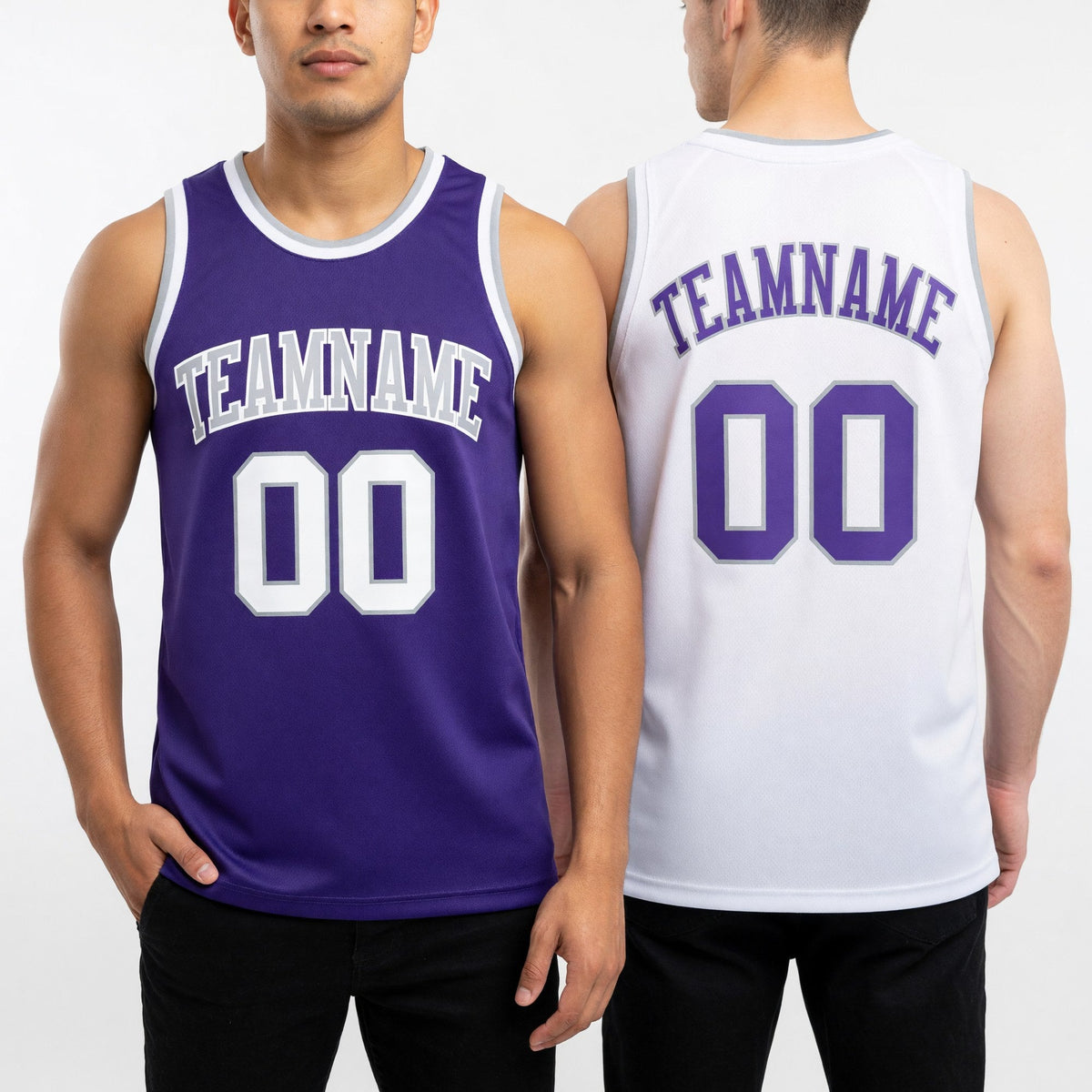 Custom Reversible Purple White-Gray Double Side Sublimation Basketball Set Jersey worn front and back