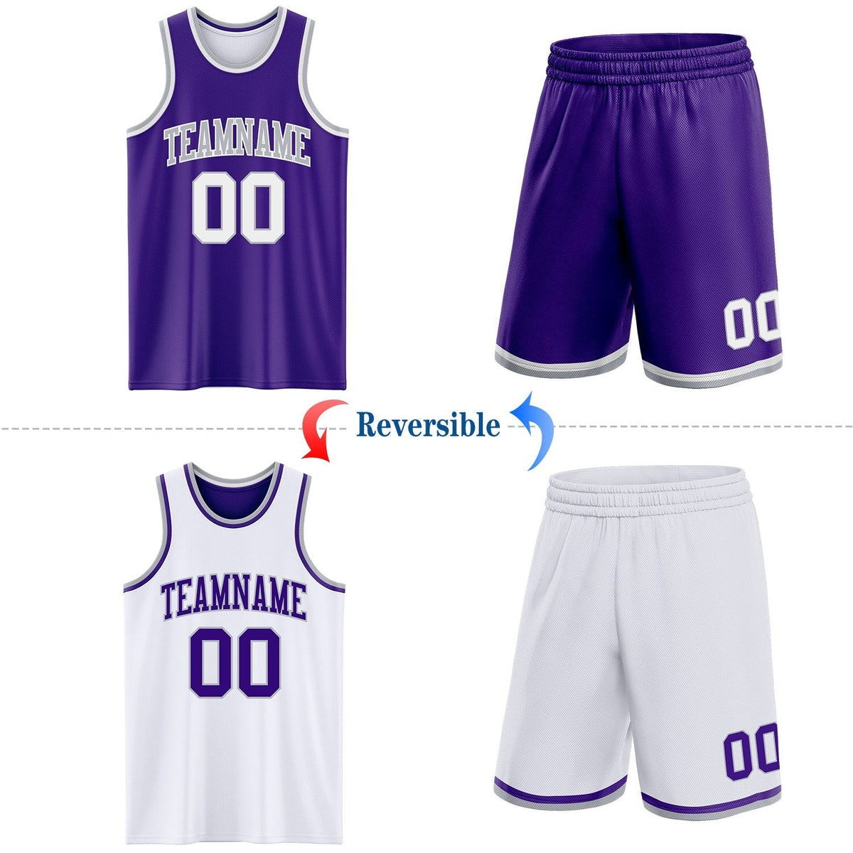 Custom Reversible Purple White-Gray Double Side Sublimation Basketball Set Jersey photo 2