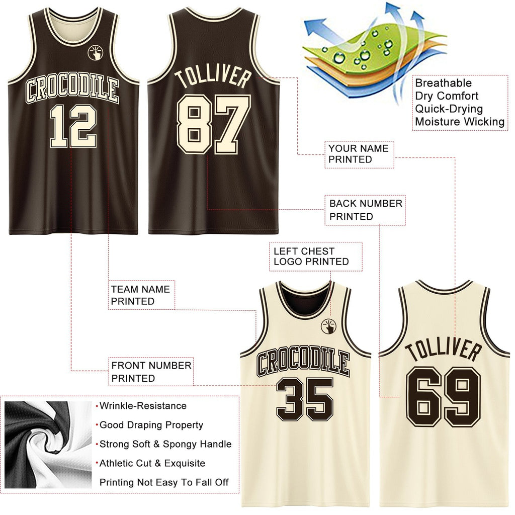 Custom Reversible Brown Cream Double Side Sublimation Basketball Set Jersey photo 5