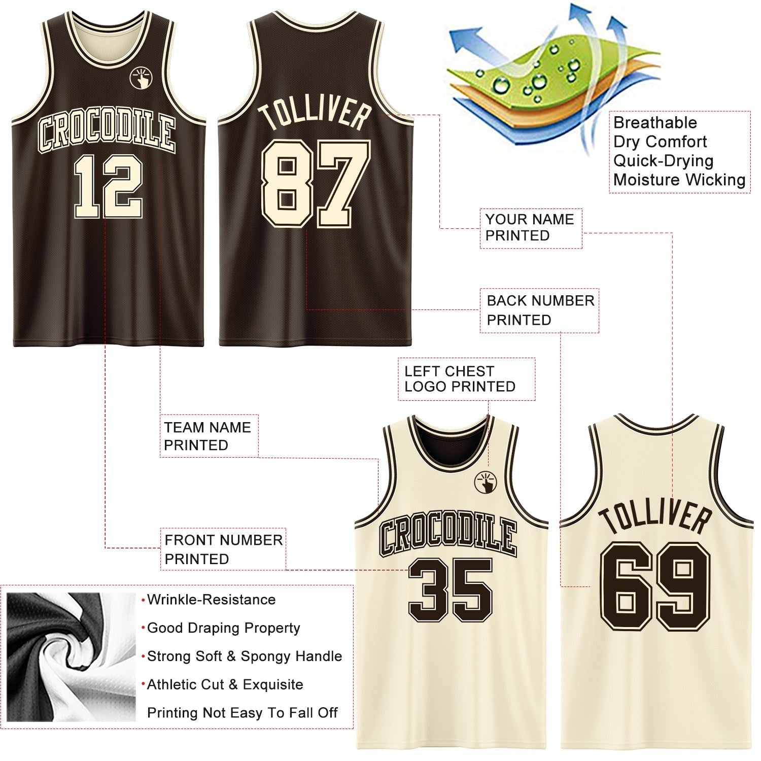 Custom Reversible Brown Cream Double Side Sublimation Basketball Set Jersey photo 5