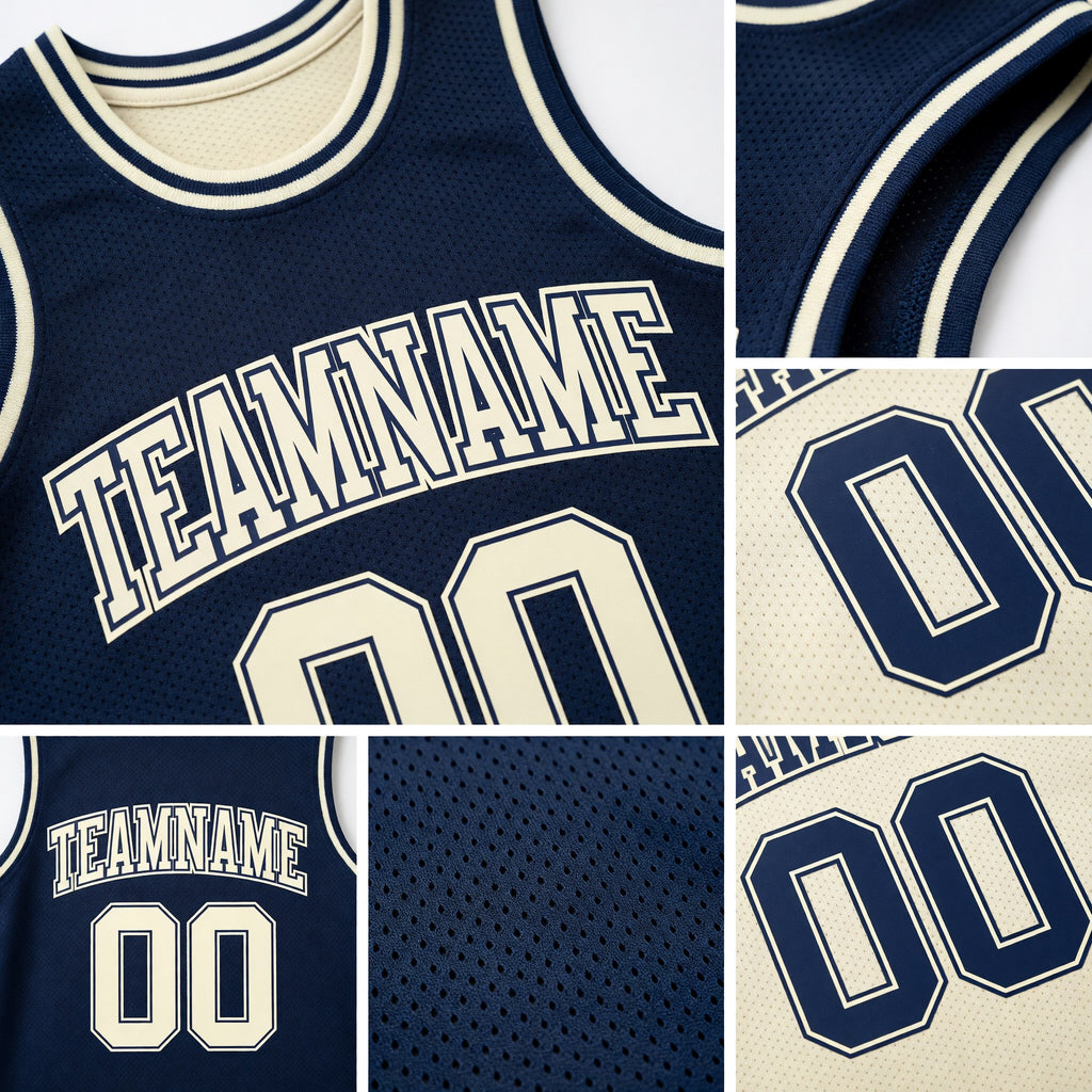 Custom Reversible Navy Cream Double Side Sublimation Basketball Set Jersey detail