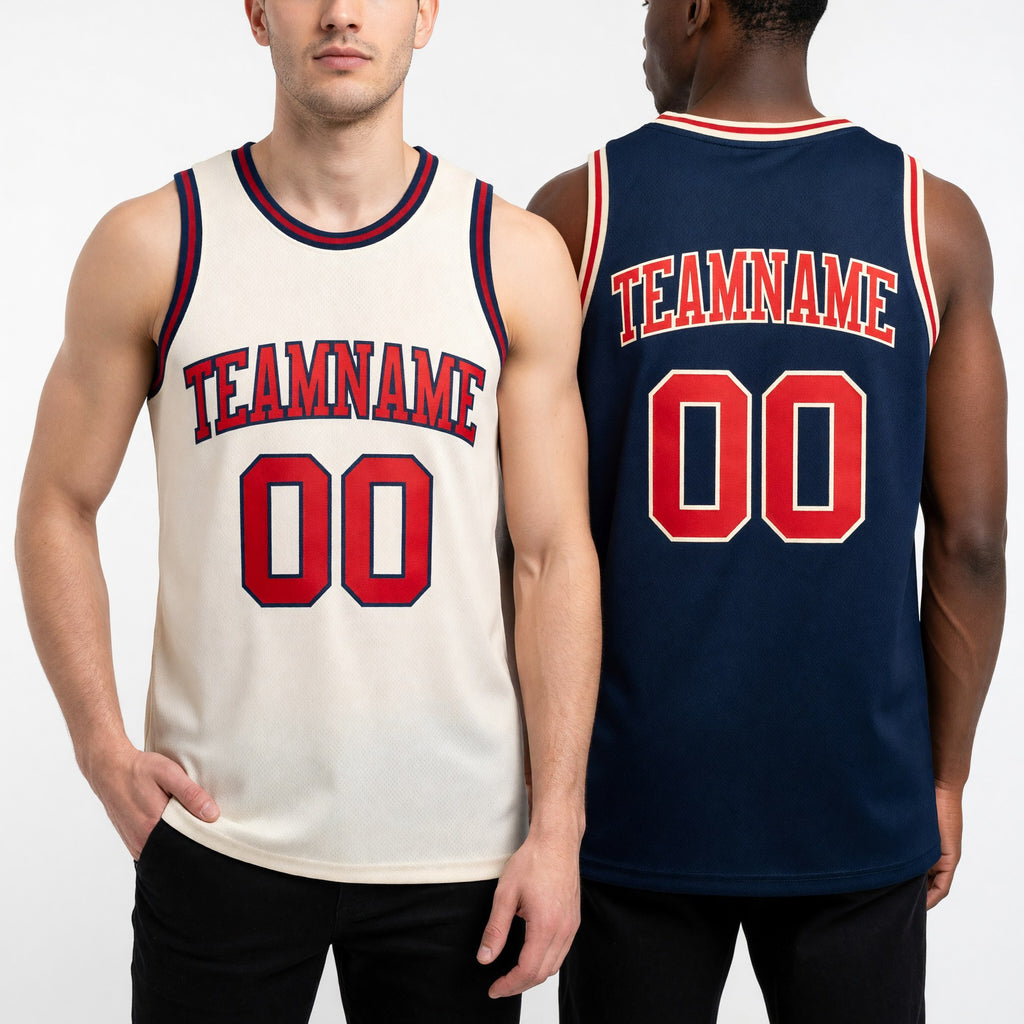 Custom Reversible Navy Red-Cream Double Side Sublimation Basketball Set Jersey worn front and back
