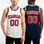 Custom Reversible Navy Red-Cream Double Side Sublimation Basketball Set Jersey worn front and back
