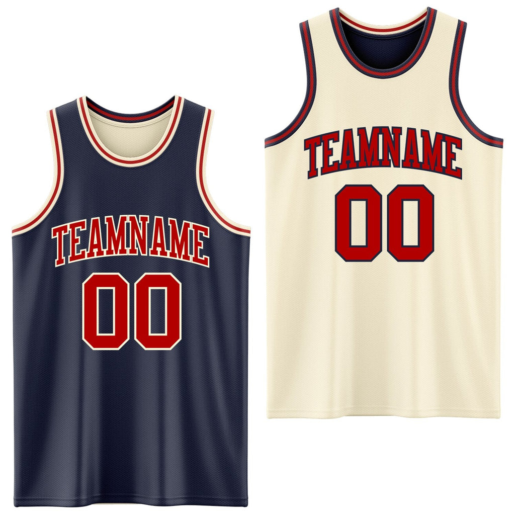 Custom Reversible Navy Red-Cream Double Side Sublimation Basketball Set Jersey
