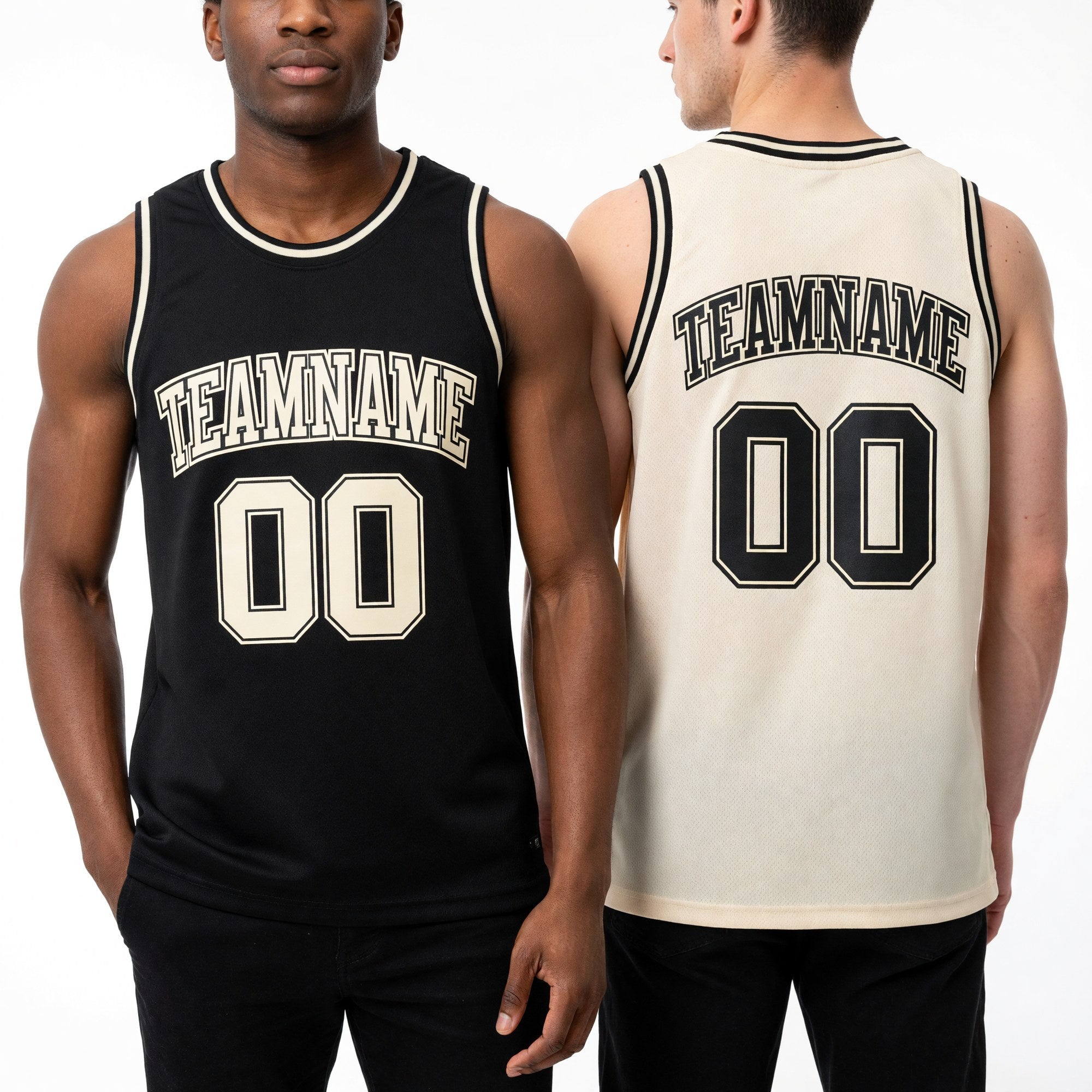 Custom Reversible Black Cream Double Side Sublimation Basketball Set Jersey worn front and back
