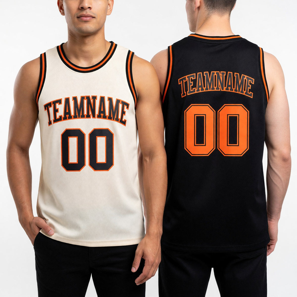 Custom Reversible Black Orange Double Side Sublimation Basketball Set Jersey worn front and back