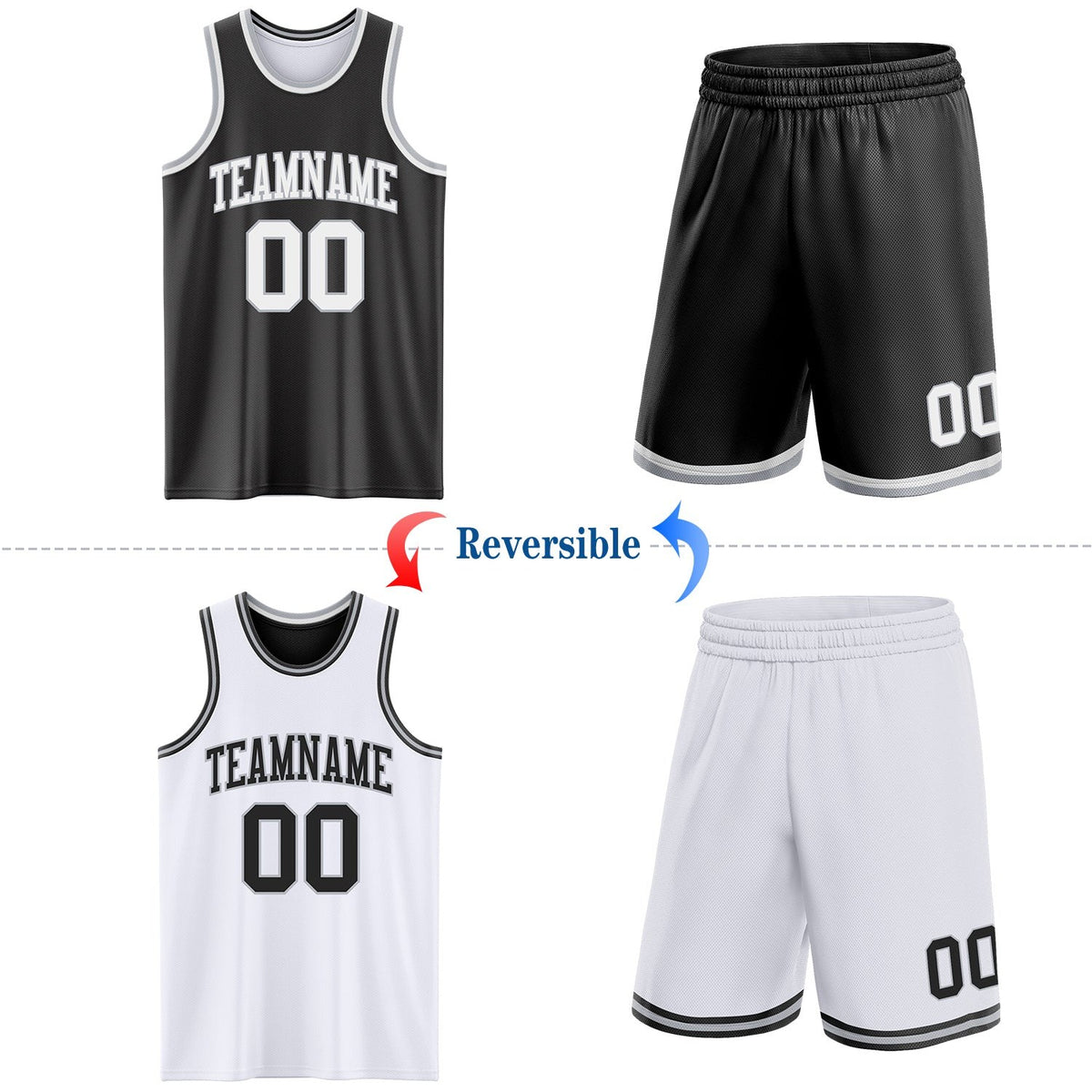 Custom Reversible Black White-Gray Double Side Sublimation Basketball Set Jersey photo 2