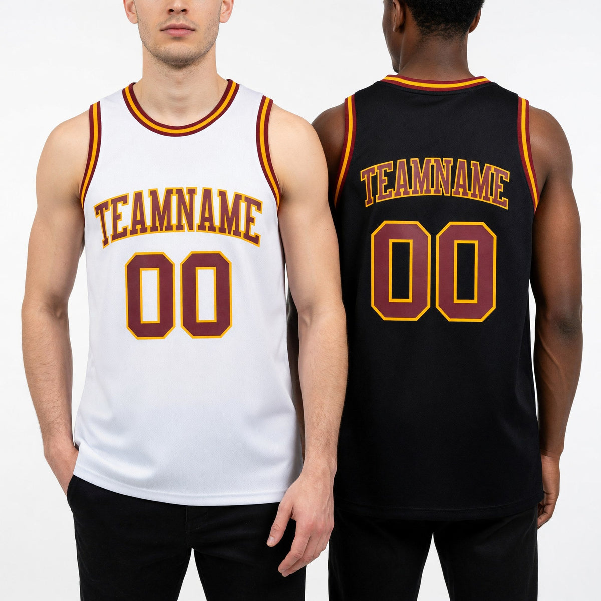 Custom Reversible Black Maroon-Gold Double Side Sublimation Basketball Set Jersey worn front and back